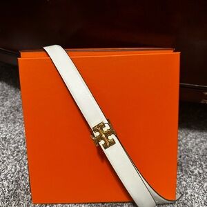 Tory Burch Cream Colored Belt with Gold Logo Buckle
